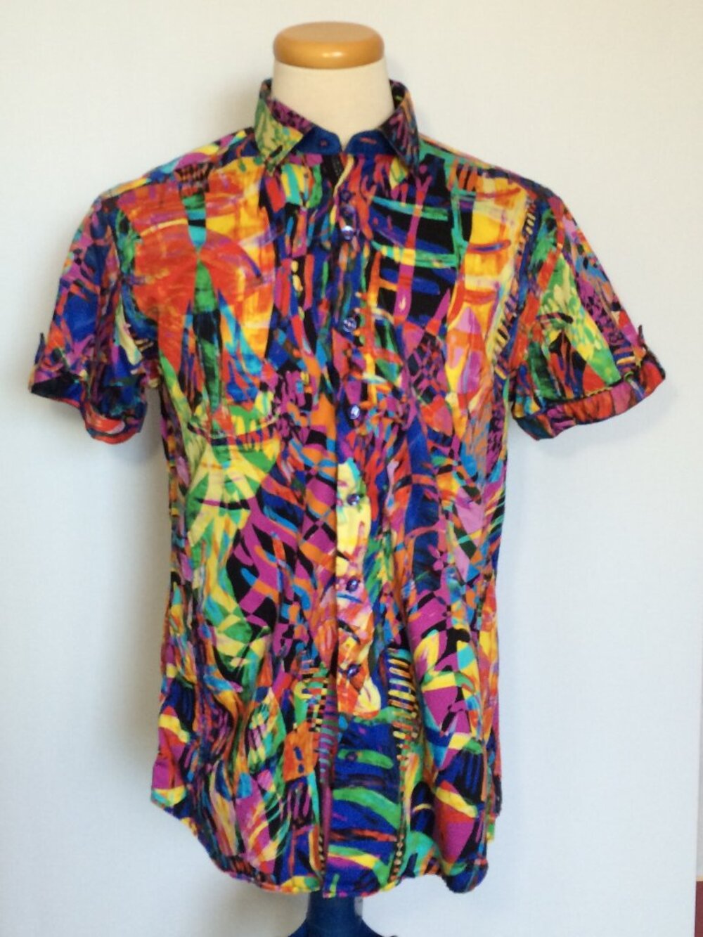 Au Noir Mens Colorful Button Down Shirt Sz 4 Large Abstract Print Short Sleeve